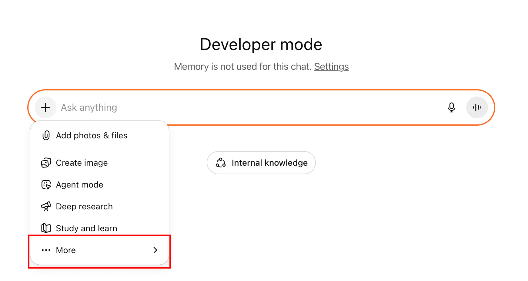 Tela oficial do ChatGPT mostrando o menu do modo desenvolvedor